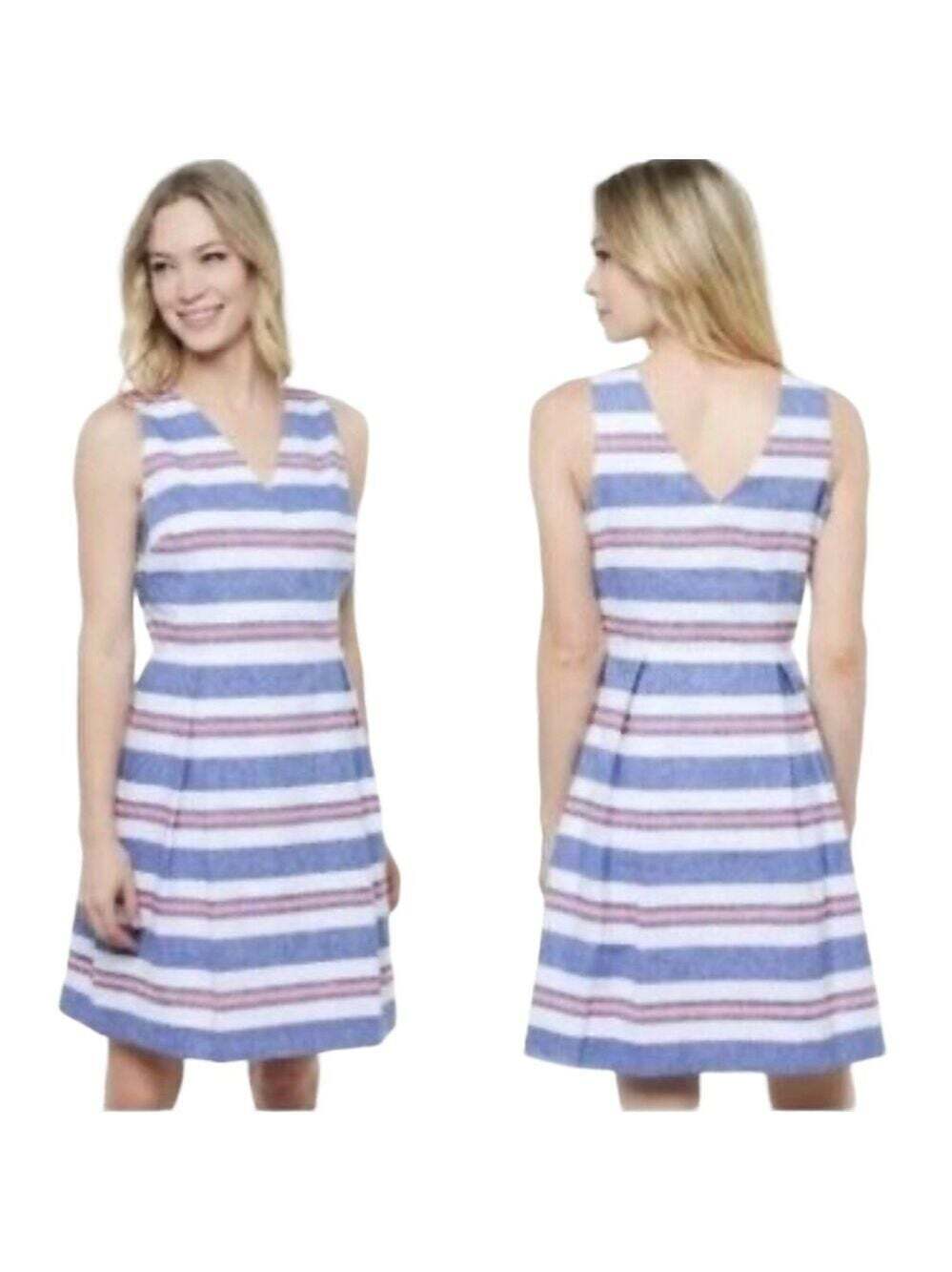 Vineyard Vines Pink Blue Striped V Neck Sleeveless Cotton Summer Dress S…